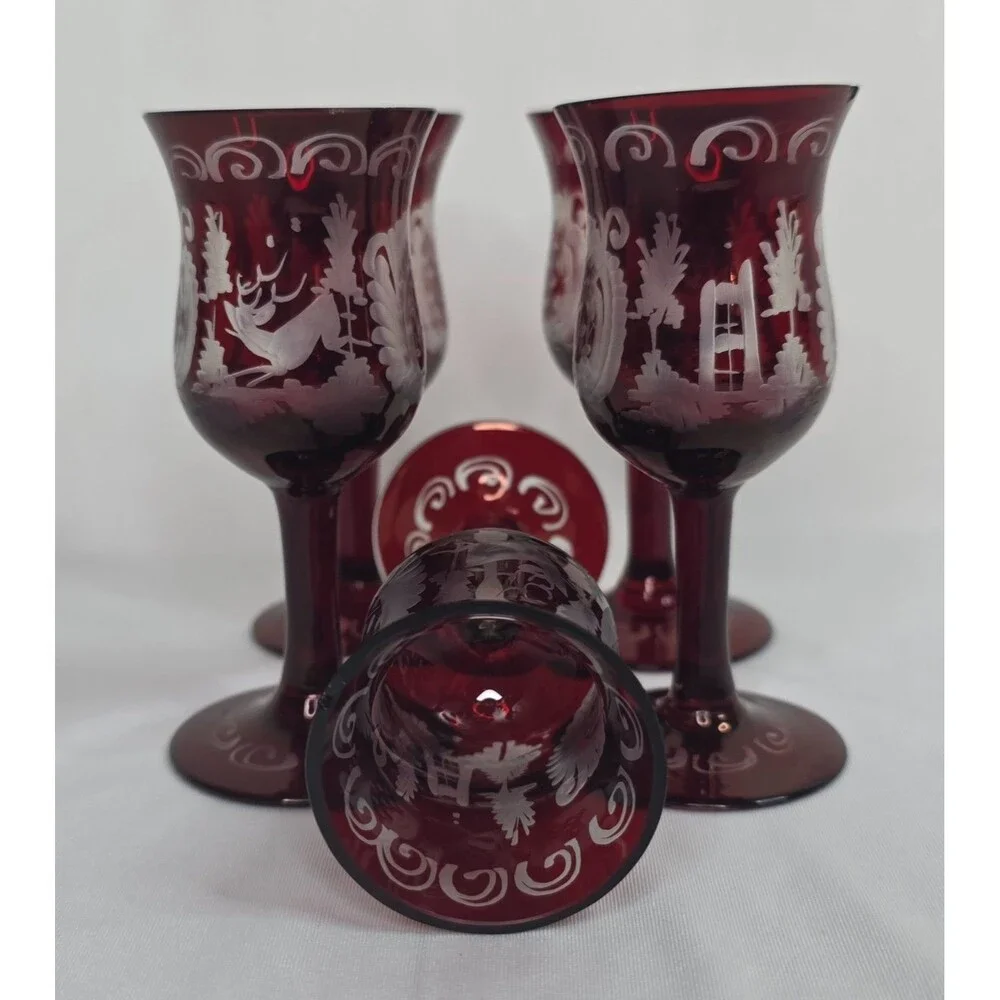 Vintage Egermann Bohemian Ruby Red Etched Cordial Glasses | Set of 5 | Cut Clear